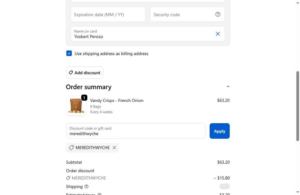 Vandy Crisps checkout page showing Vandy Crisps promo code box | Screenshot taken by SimplyCodes community member on Jan 27, 2026