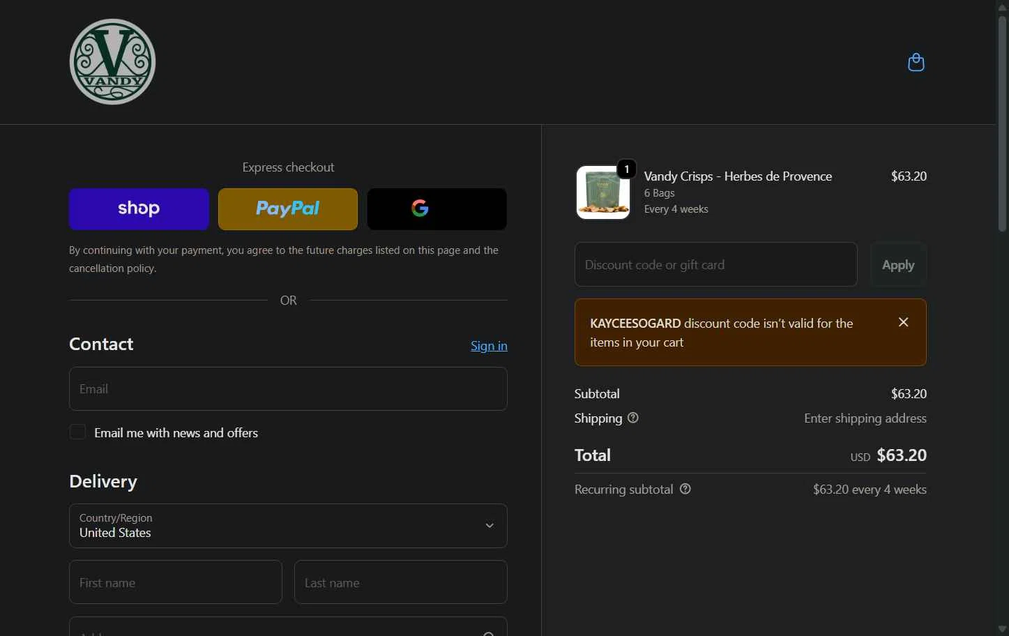 Vandy Crisps checkout page showing Vandy Crisps promo code box | Screenshot taken by SimplyCodes community member on Jan 31, 2026