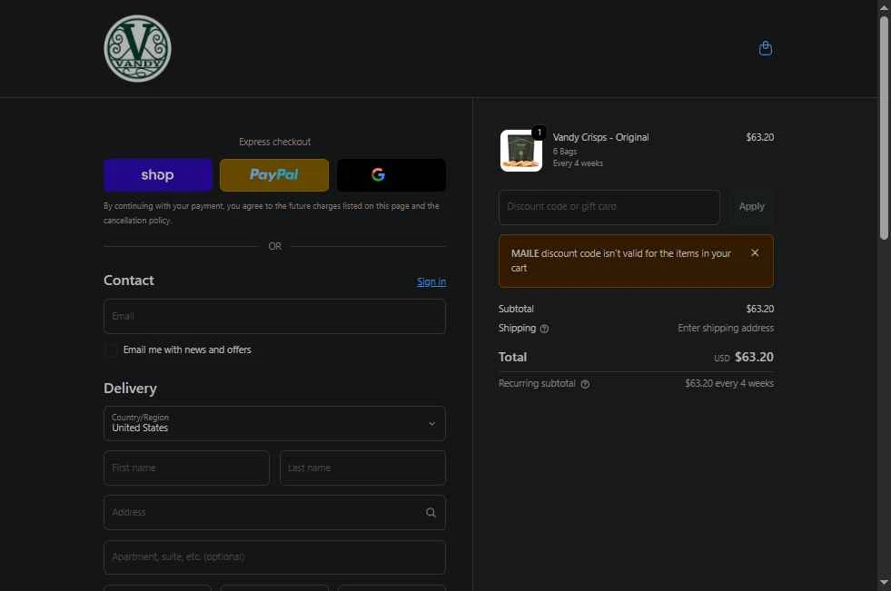 Vandy Crisps checkout page showing Vandy Crisps promo code box | Screenshot taken by SimplyCodes community member on Jan 27, 2026