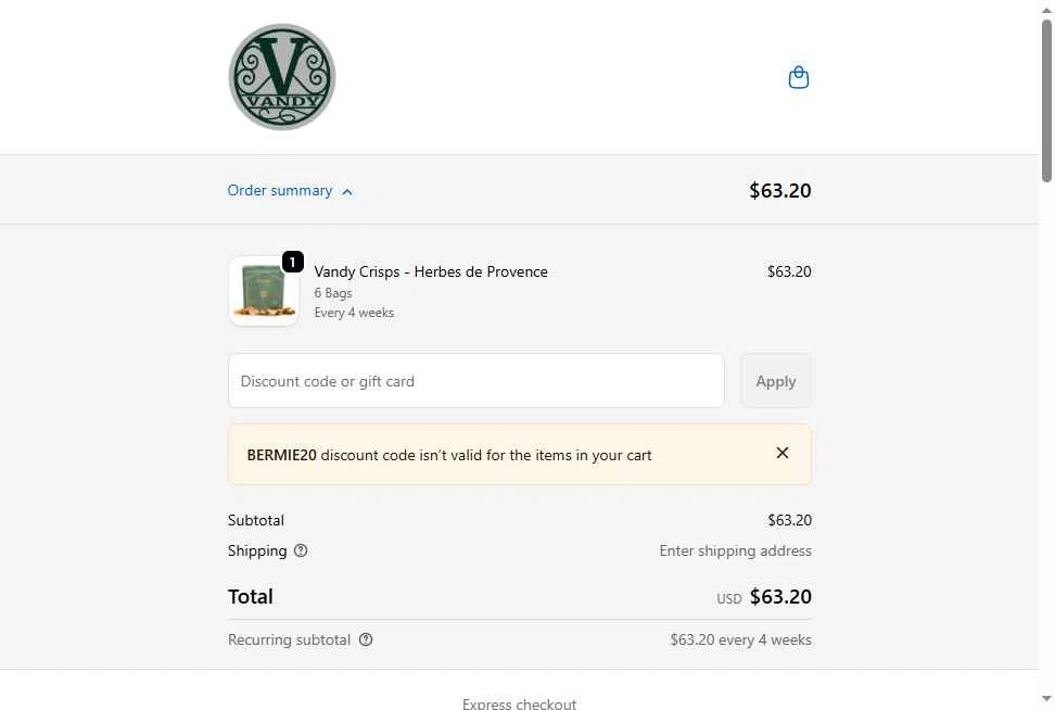 Vandy Crisps checkout page showing Vandy Crisps promo code box | Screenshot taken by SimplyCodes community member on Feb 2, 2026