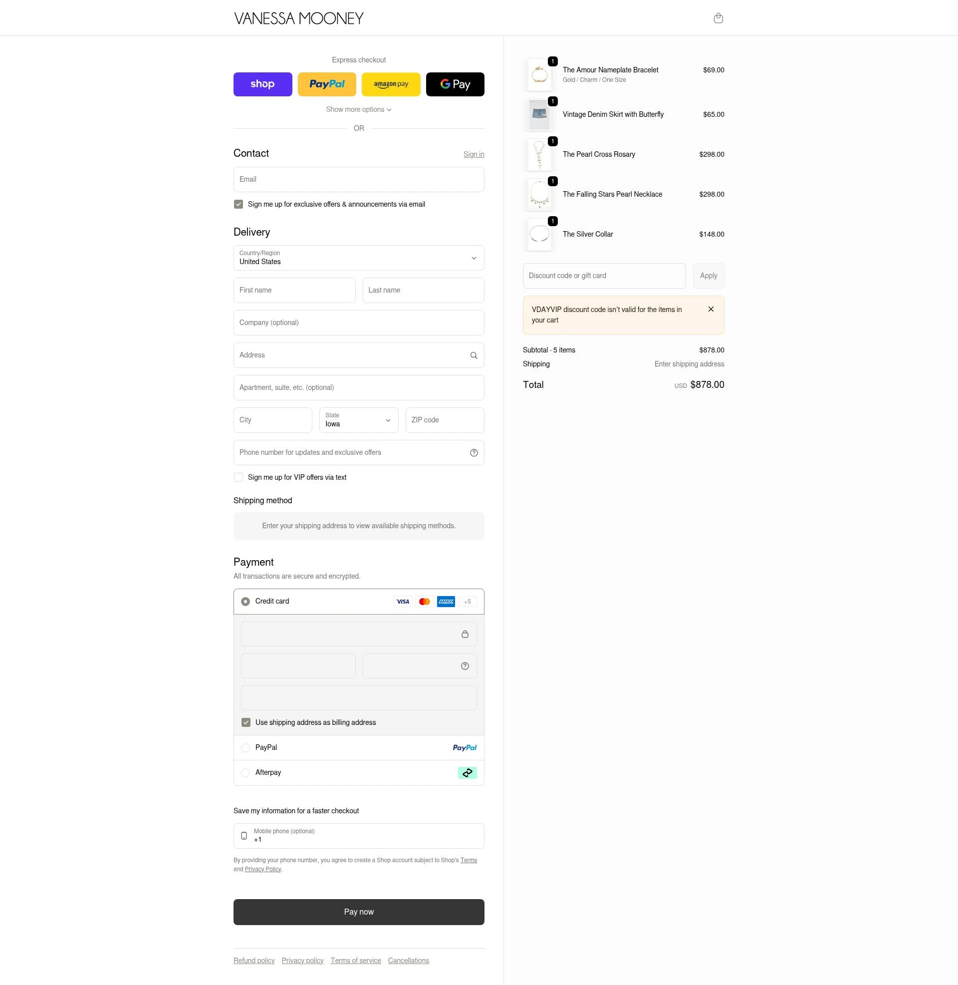 Vanessa Mooney checkout page showing Vanessa Mooney discount code box | Screenshot taken by SimplyCodes community member on Feb 10, 2026