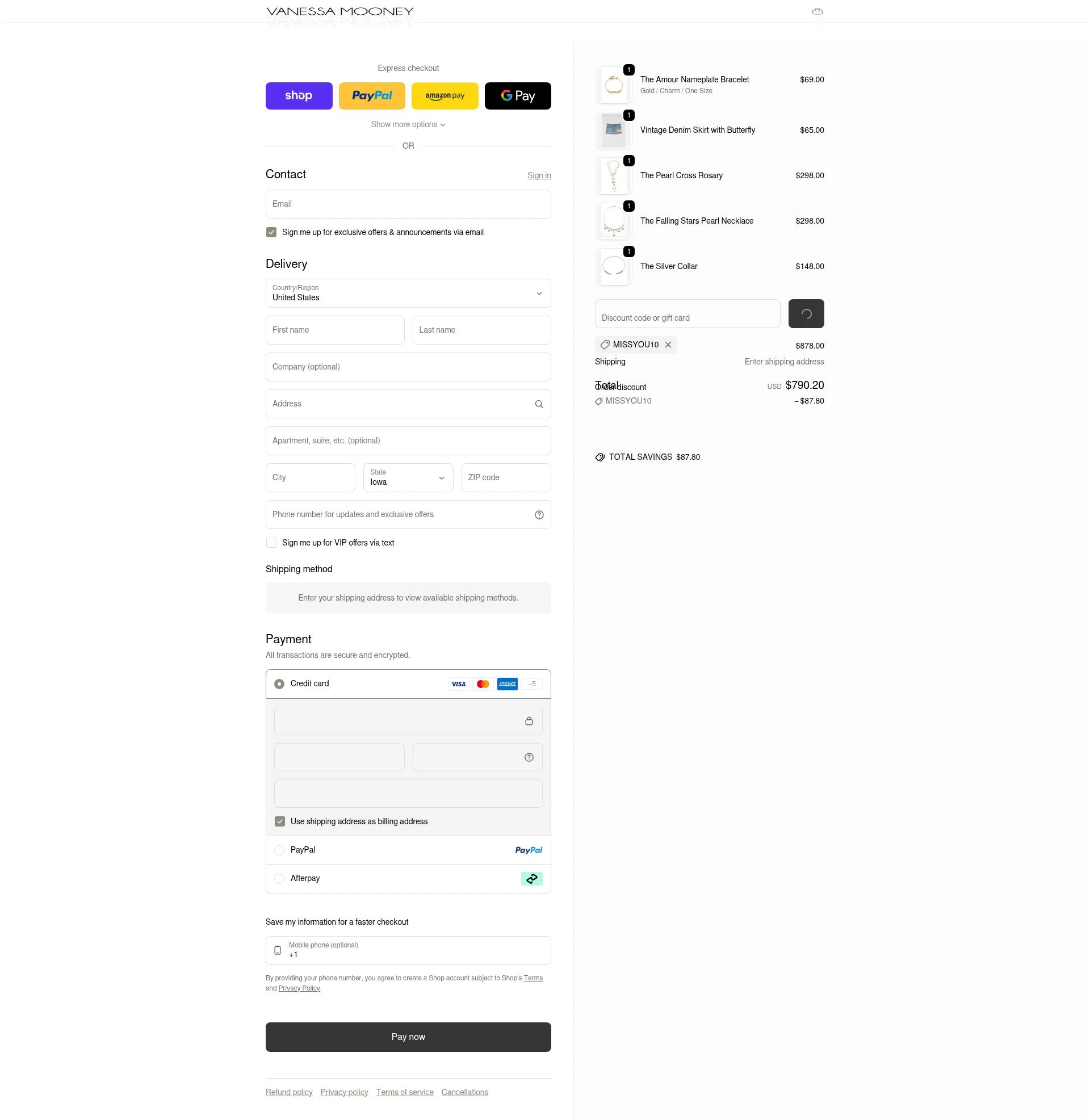 Vanessa Mooney checkout page showing Vanessa Mooney discount code box | Screenshot taken by SimplyCodes community member on Feb 10, 2026
