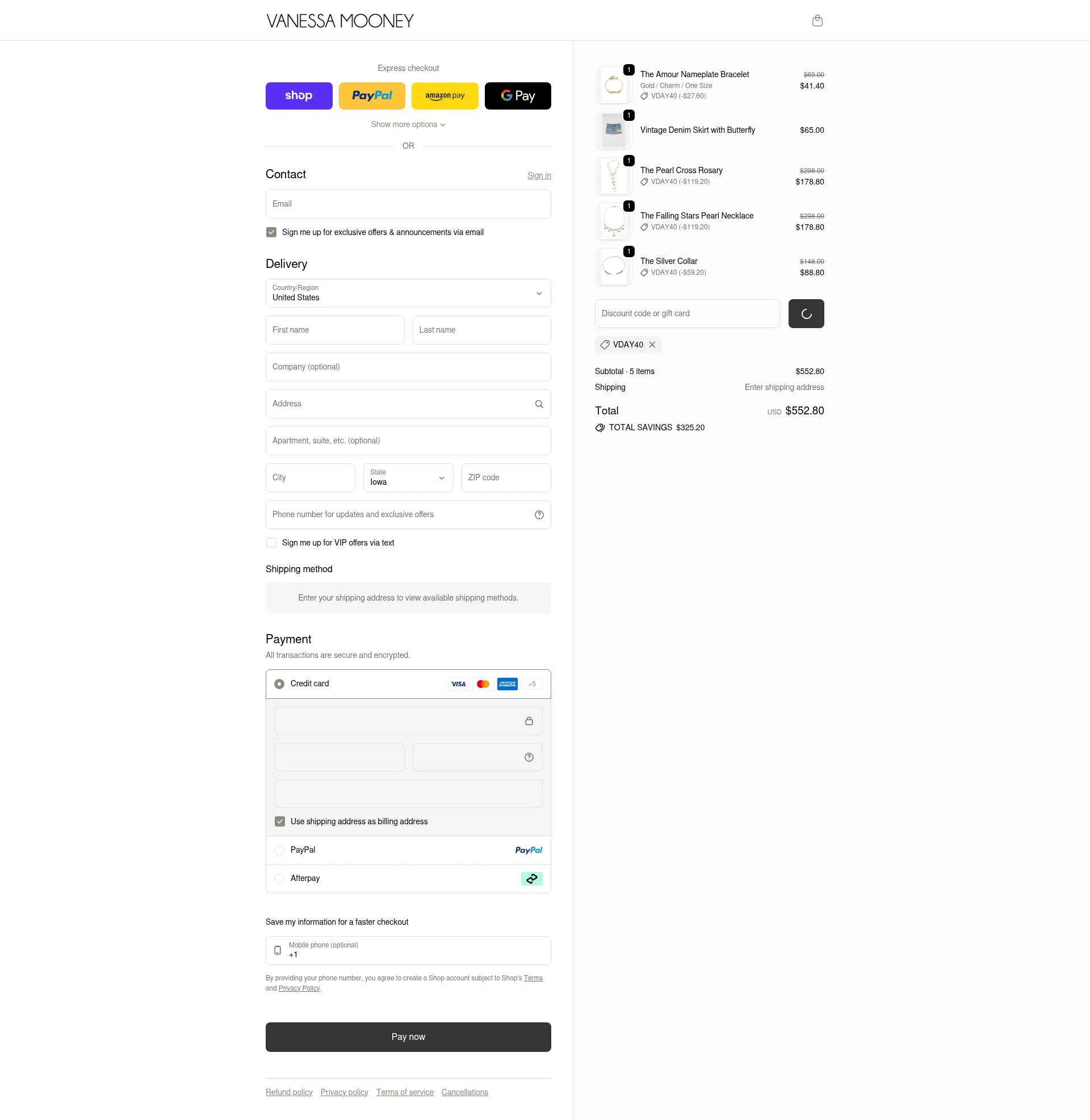 Vanessa Mooney checkout page showing Vanessa Mooney discount code box | Screenshot taken by SimplyCodes community member on Feb 10, 2026