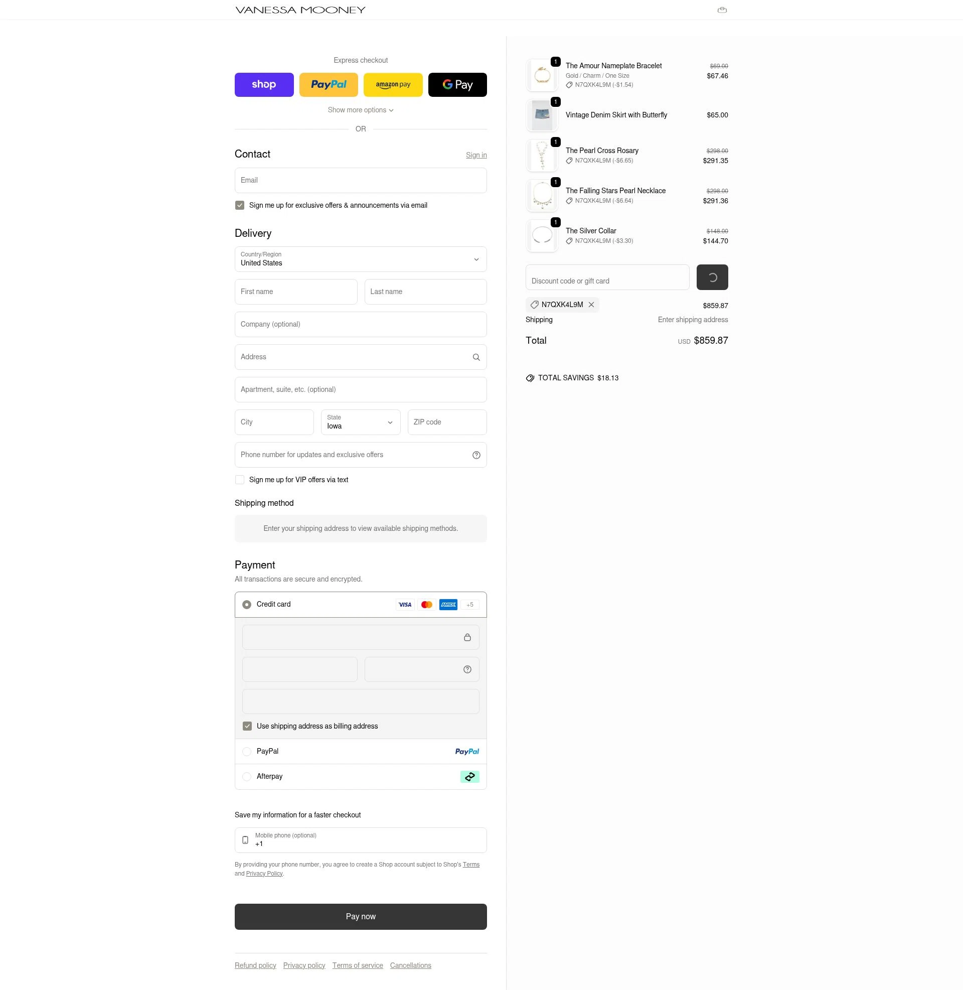 Vanessa Mooney checkout page showing Vanessa Mooney discount code box | Screenshot taken by SimplyCodes community member on Feb 10, 2026