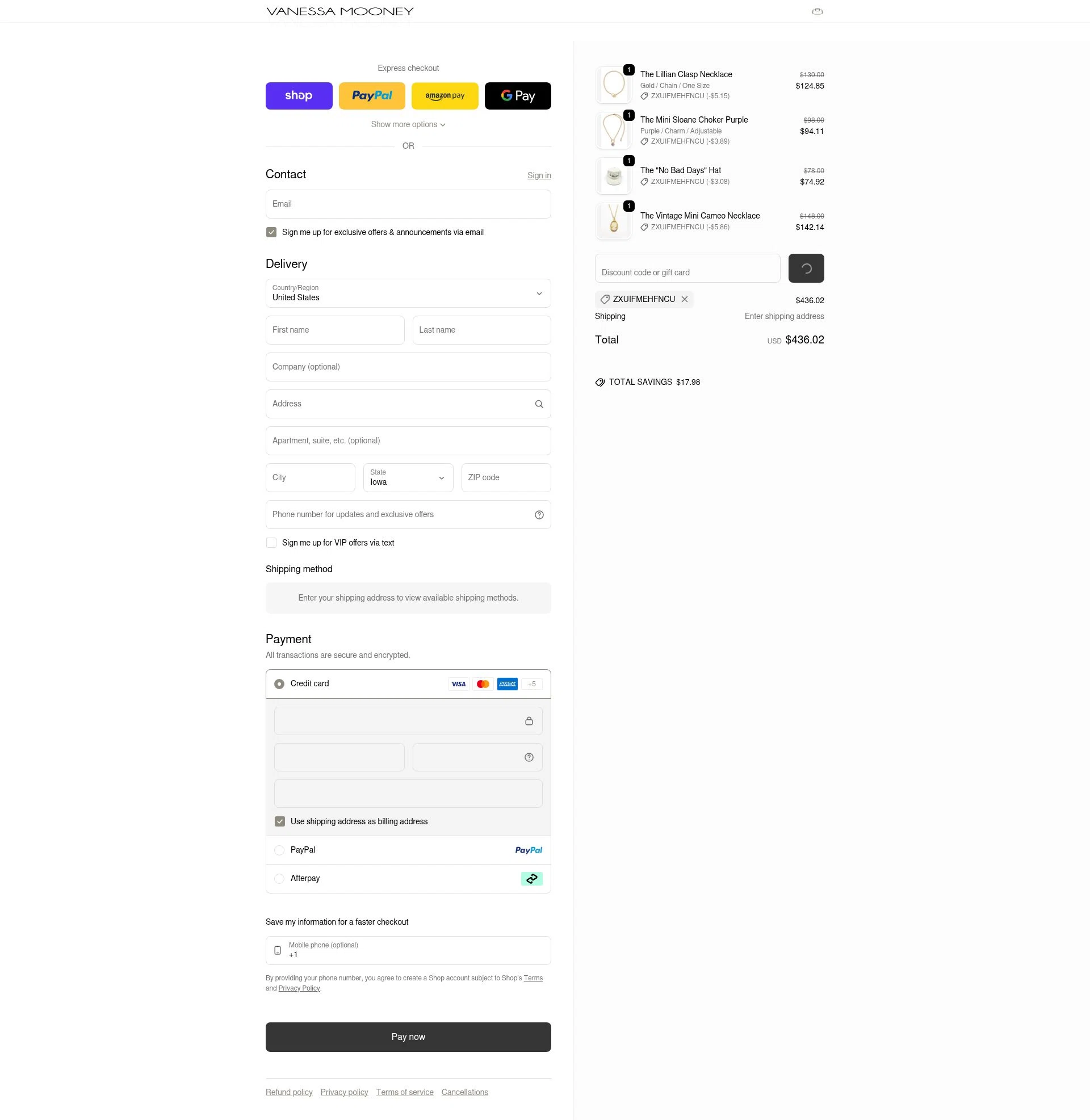 Vanessa Mooney checkout page showing Vanessa Mooney discount code box | Screenshot taken by SimplyCodes community member on Feb 6, 2026