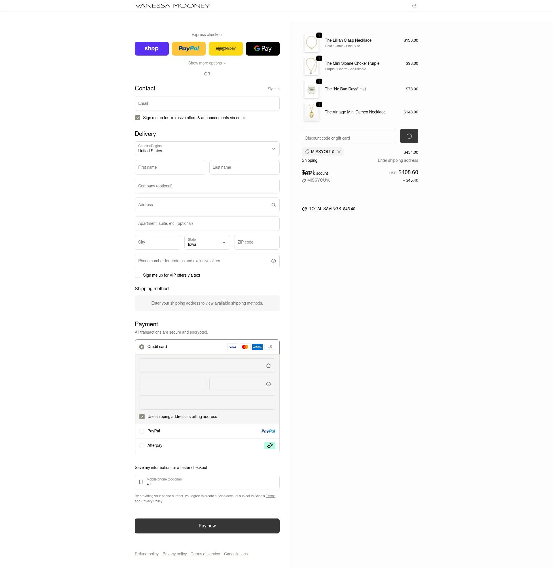 Vanessa Mooney checkout page showing Vanessa Mooney discount code box | Screenshot taken by SimplyCodes community member on Feb 6, 2026