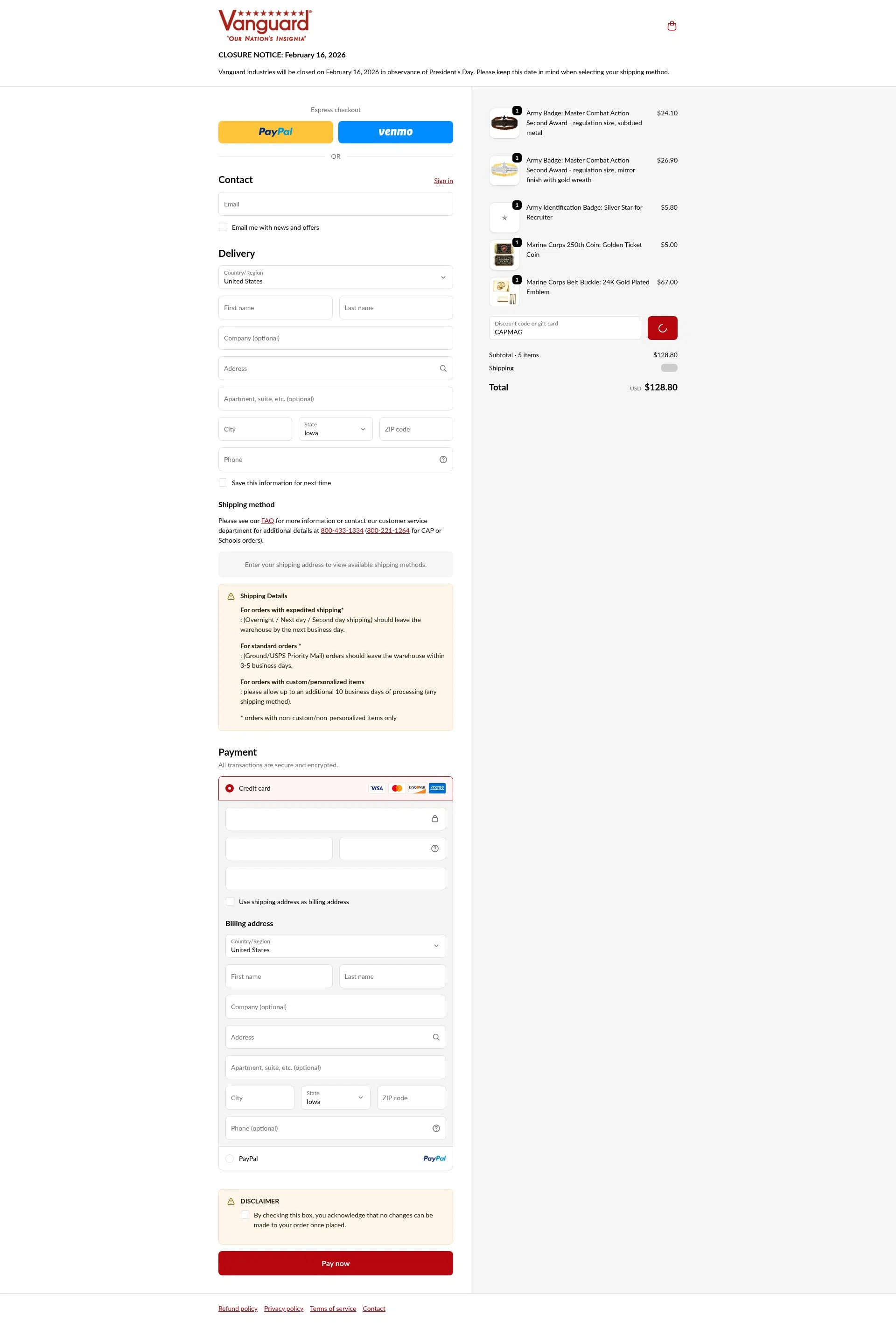 Vanguard Industries checkout page showing Vanguard Industries discount code box | Screenshot taken by SimplyCodes community member on Feb 9, 2026