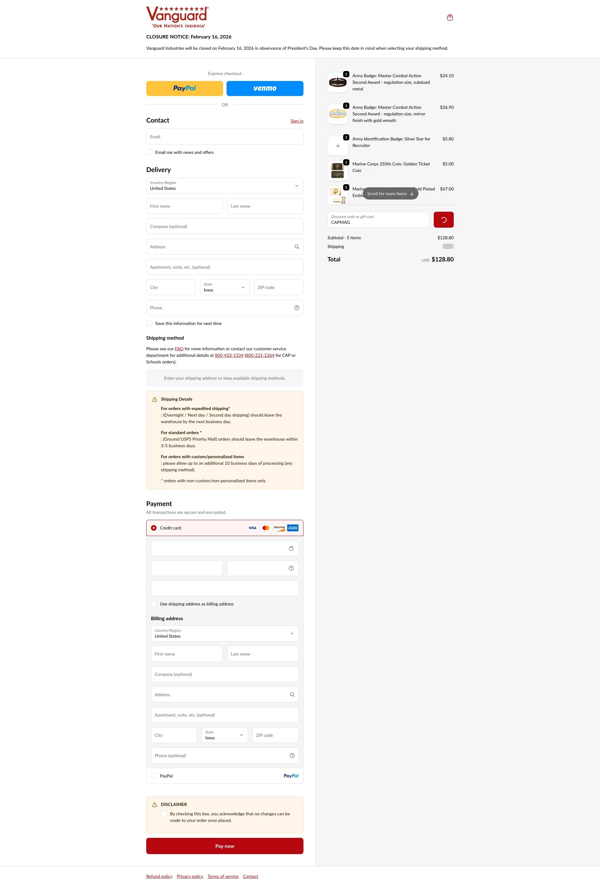 Vanguard Industries checkout page showing Vanguard Industries discount code box | Screenshot taken by SimplyCodes community member on Feb 5, 2026
