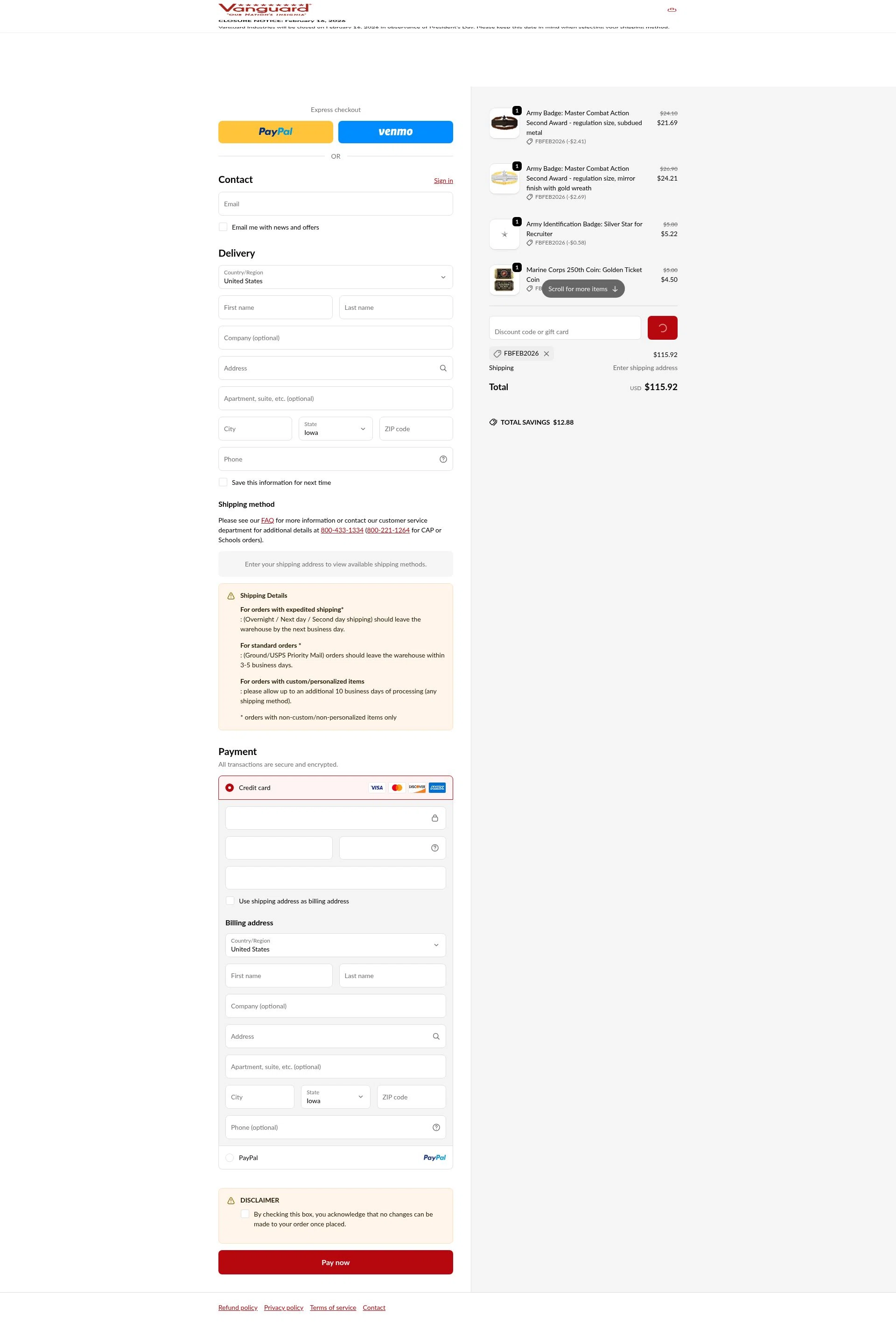 Vanguard Industries checkout page showing Vanguard Industries discount code box | Screenshot taken by SimplyCodes community member on Feb 5, 2026