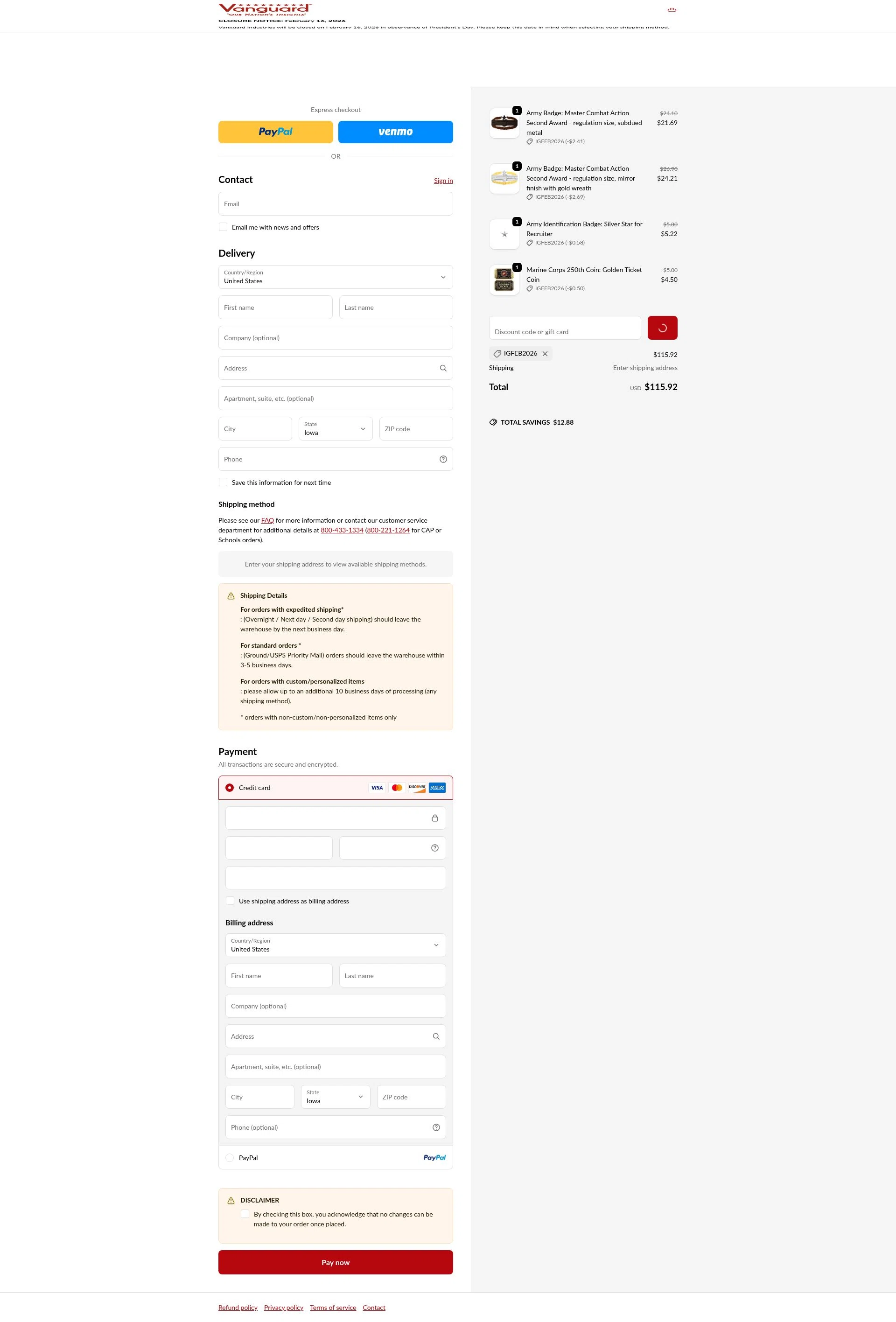 Vanguard Industries checkout page showing Vanguard Industries discount code box | Screenshot taken by SimplyCodes community member on Feb 9, 2026