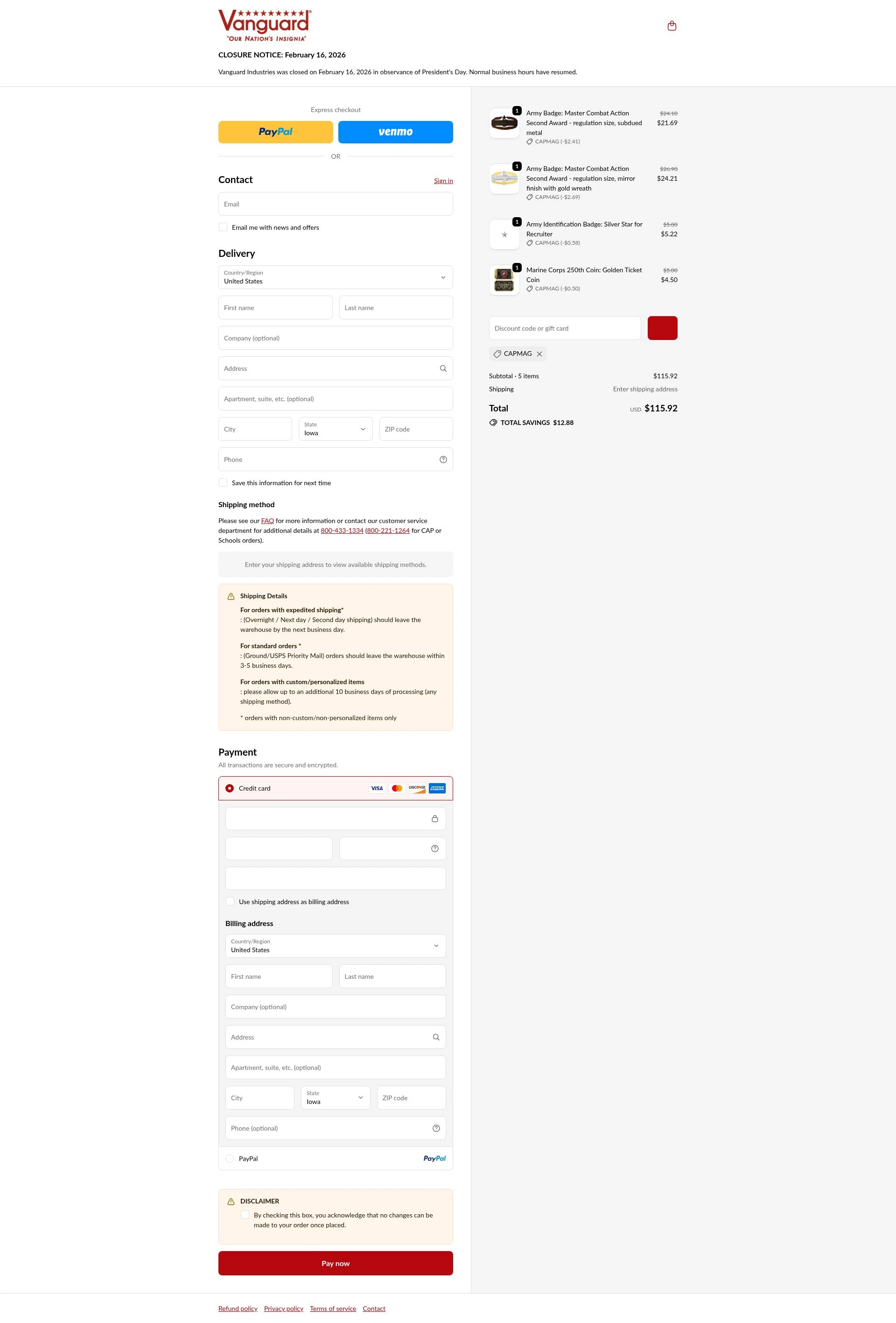 Vanguard Industries checkout page showing Vanguard Industries discount code box | Screenshot taken by SimplyCodes community member on Feb 18, 2026