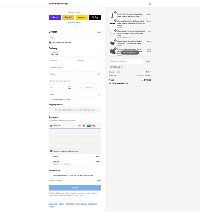 Vanilla Bean Kings checkout page showing Vanilla Bean Kings discount code box | Screenshot taken by SimplyCodes community member on Sep 6, 2025