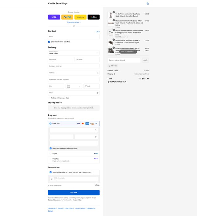 Vanilla Bean Kings checkout page showing Vanilla Bean Kings discount code box | Screenshot taken by SimplyCodes community member on Sep 6, 2025