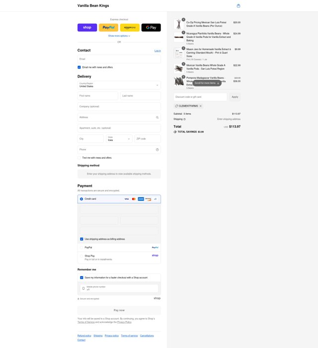 Vanilla Bean Kings checkout page showing Vanilla Bean Kings discount code box | Screenshot taken by SimplyCodes community member on Sep 6, 2025