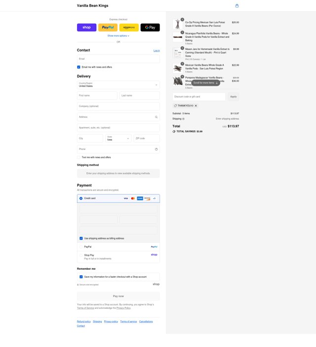 Vanilla Bean Kings checkout page showing Vanilla Bean Kings discount code box | Screenshot taken by SimplyCodes community member on Sep 6, 2025