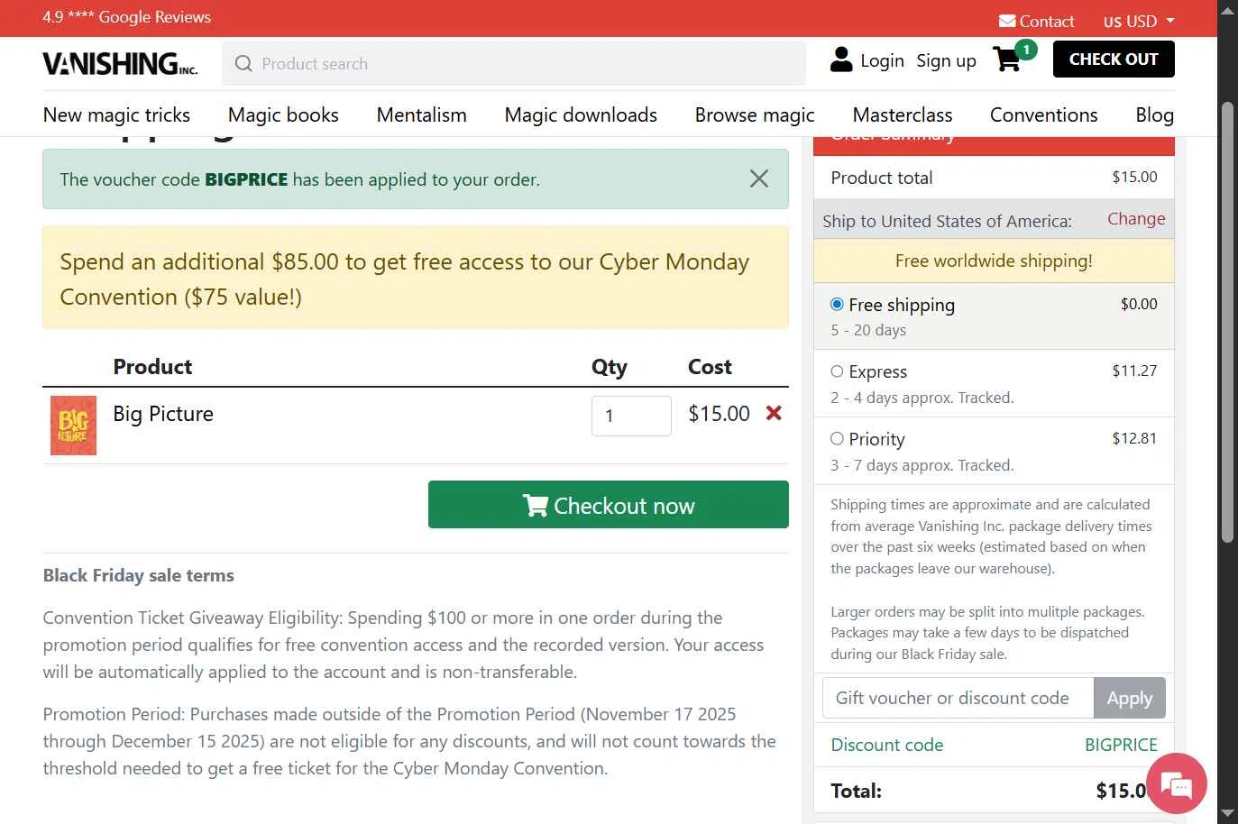 Vanishing Inc checkout page showing Vanishing Inc discount code box | Screenshot taken by SimplyCodes community member on Dec 12, 2025