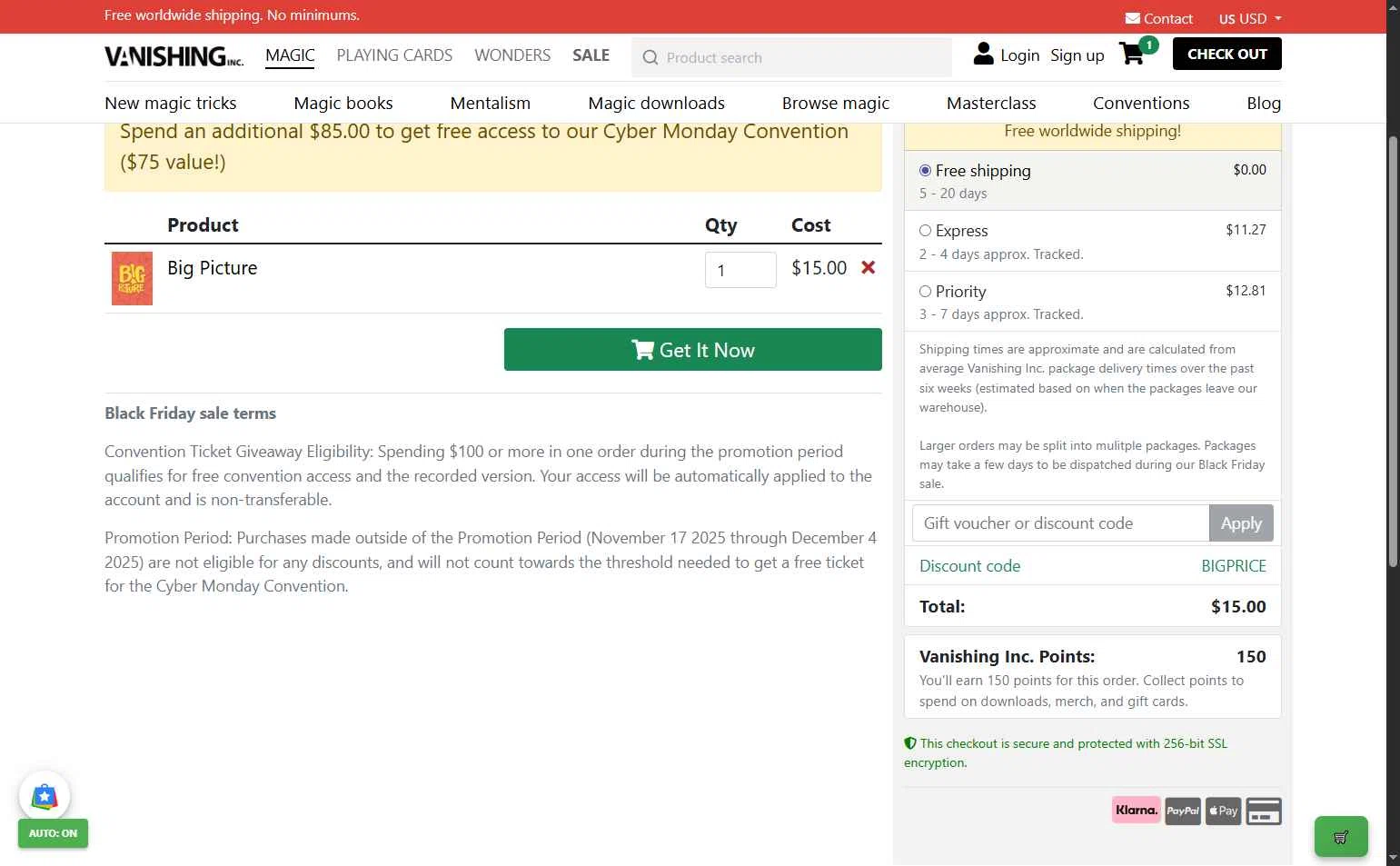 Vanishing Inc checkout page showing Vanishing Inc discount code box | Screenshot taken by SimplyCodes community member on Dec 4, 2025