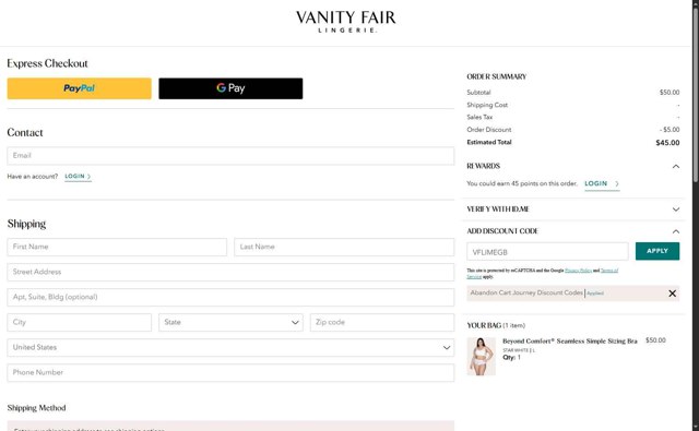 Vanity Fair Lingerie checkout page showing Vanity Fair Lingerie coupon code box | Screenshot taken by SimplyCodes community member on Jul 2, 2025