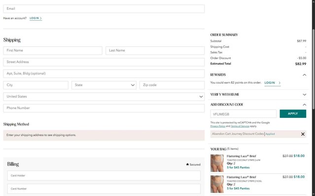 Vanity Fair Lingerie checkout page showing Vanity Fair Lingerie coupon code box | Screenshot taken by SimplyCodes community member on Aug 11, 2025