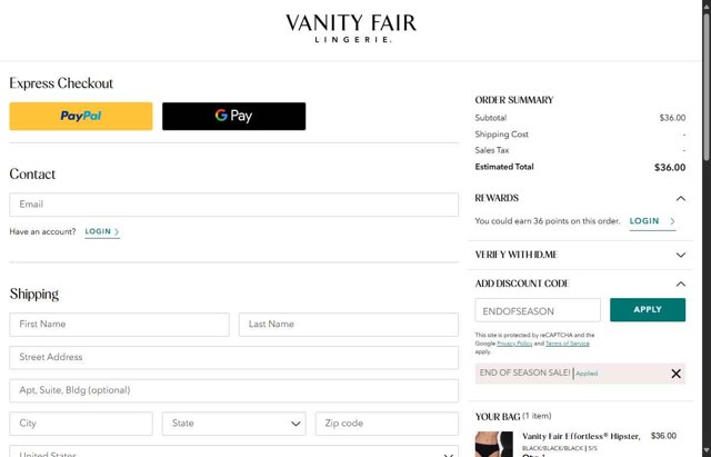 Vanity Fair Lingerie checkout page showing Vanity Fair Lingerie coupon code box | Screenshot taken by SimplyCodes community member on Aug 18, 2025