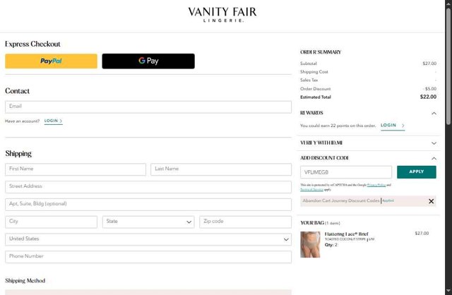 Vanity Fair Lingerie checkout page showing Vanity Fair Lingerie coupon code box | Screenshot taken by SimplyCodes community member on Jul 31, 2025
