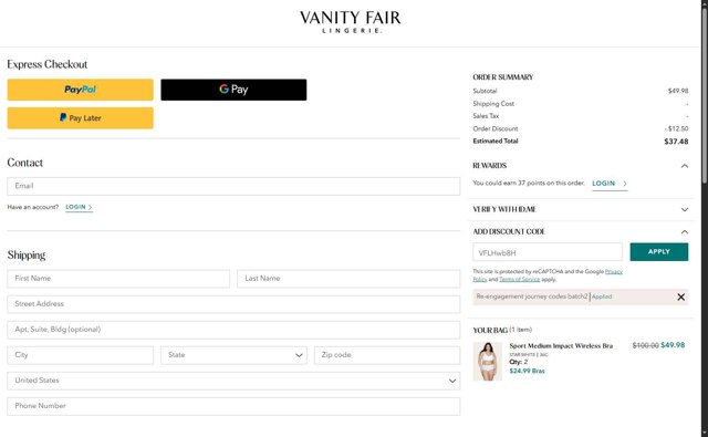 Vanity Fair Lingerie checkout page showing Vanity Fair Lingerie coupon code box | Screenshot taken by SimplyCodes community member on Aug 11, 2025