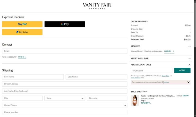 Vanity Fair Lingerie checkout page showing Vanity Fair Lingerie coupon code box | Screenshot taken by SimplyCodes community member on Aug 31, 2025