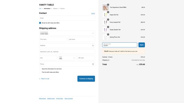 VANITY TABLE checkout page showing VANITY TABLE promo code box | Screenshot taken by SimplyCodes community member on Jun 6, 2025