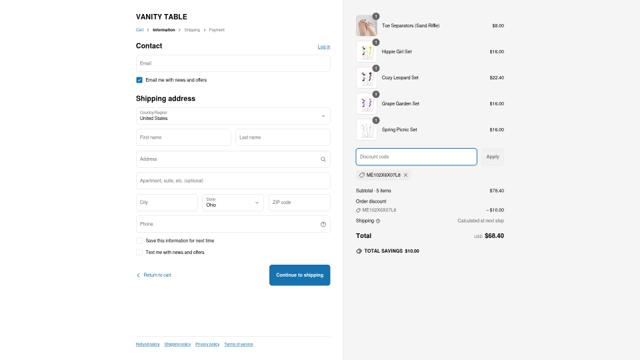 VANITY TABLE checkout page showing VANITY TABLE promo code box | Screenshot taken by SimplyCodes community member on Jun 6, 2025