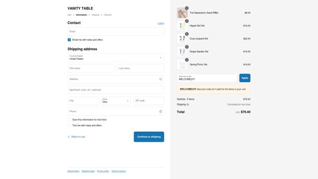 VANITY TABLE checkout page showing VANITY TABLE promo code box | Screenshot taken by SimplyCodes community member on Jun 6, 2025