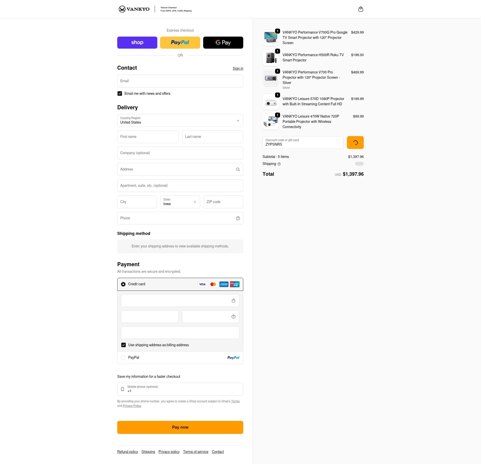 Vankyo checkout page showing Vankyo discount code box | Screenshot taken by SimplyCodes community member on Feb 16, 2026