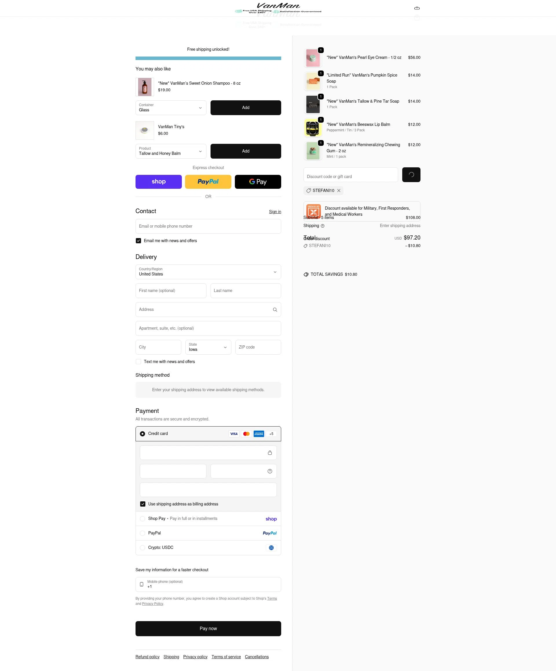 VanMan's Shop checkout page showing VanMan's Shop promo code box | Screenshot taken by SimplyCodes community member on Feb 22, 2026