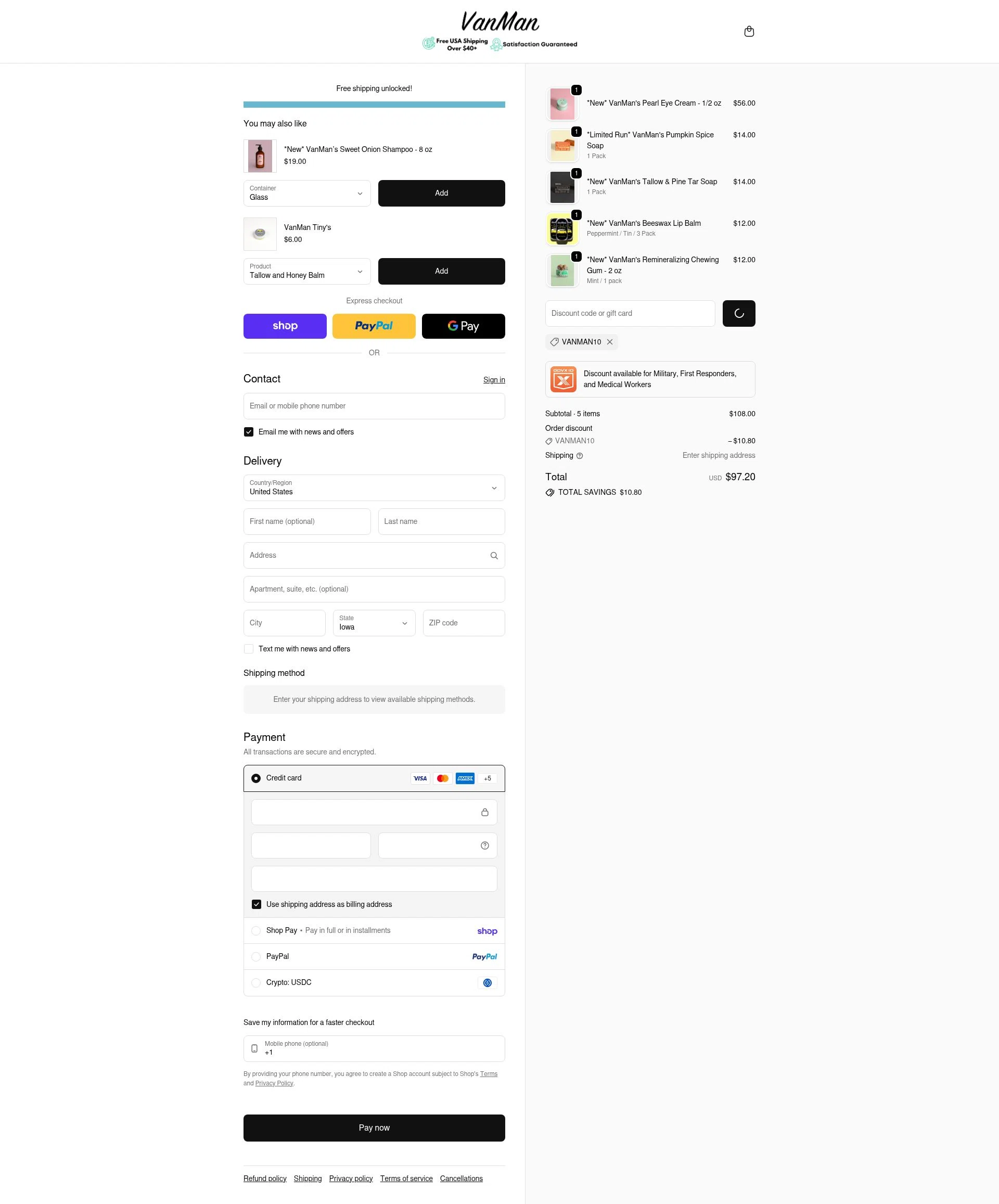 VanMan's Shop checkout page showing VanMan's Shop promo code box | Screenshot taken by SimplyCodes community member on Feb 25, 2026