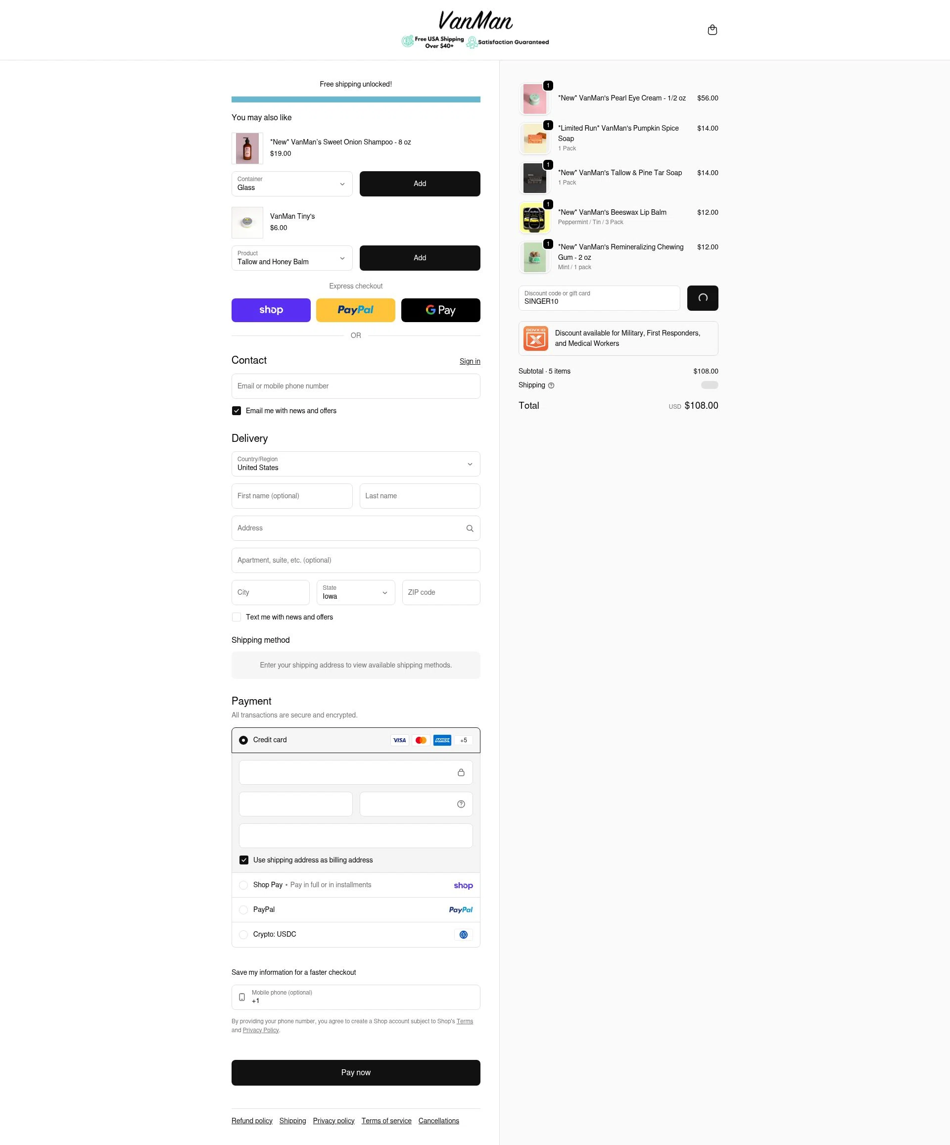 VanMan's Shop checkout page showing VanMan's Shop promo code box | Screenshot taken by SimplyCodes community member on Feb 22, 2026