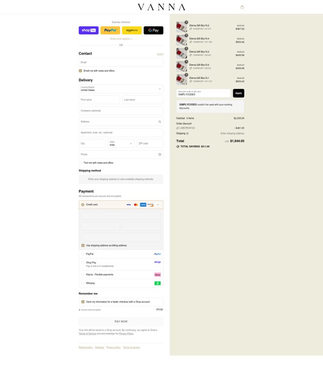 VANNA checkout page showing VANNA discount code box | Screenshot taken by SimplyCodes community member on Aug 28, 2025