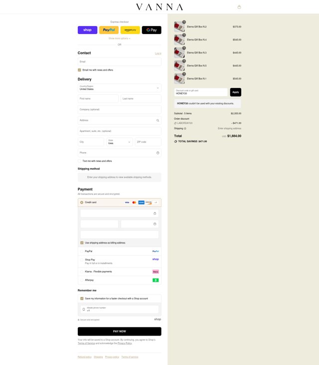 VANNA checkout page showing VANNA discount code box | Screenshot taken by SimplyCodes community member on Sep 1, 2025