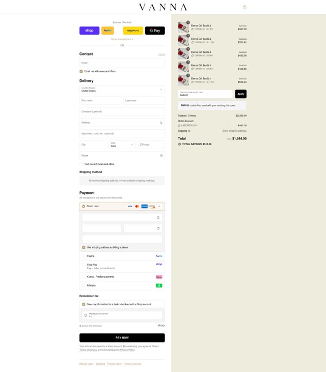 VANNA checkout page showing VANNA discount code box | Screenshot taken by SimplyCodes community member on Sep 1, 2025
