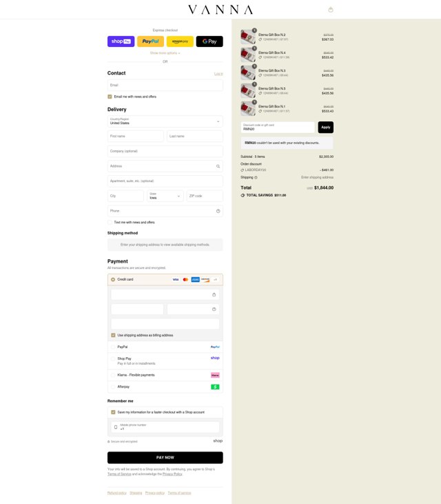 VANNA checkout page showing VANNA discount code box | Screenshot taken by SimplyCodes community member on Aug 28, 2025