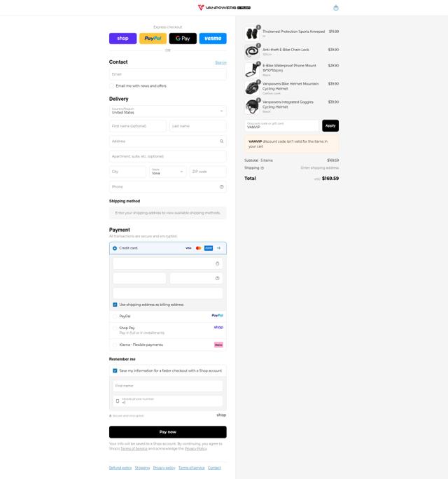 VANPOWERS checkout page showing VANPOWERS coupon code box | Screenshot taken by SimplyCodes community member on Sep 12, 2025