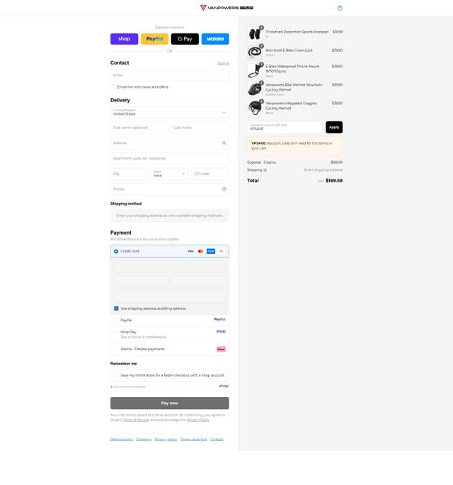 VANPOWERS checkout page showing VANPOWERS coupon code box | Screenshot taken by SimplyCodes community member on Sep 12, 2025
