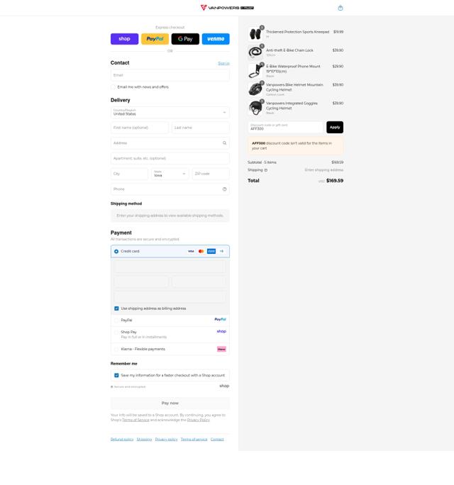 VANPOWERS checkout page showing VANPOWERS coupon code box | Screenshot taken by SimplyCodes community member on Sep 12, 2025