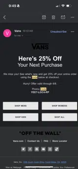 Vans coupon verification screenshot