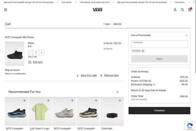 Vans checkout page showing Vans promo code box | Screenshot taken by SimplyCodes community member on Aug 26, 2025