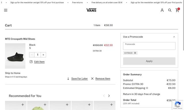 Vans checkout page showing Vans promo code box | Screenshot taken by SimplyCodes community member on Aug 26, 2025