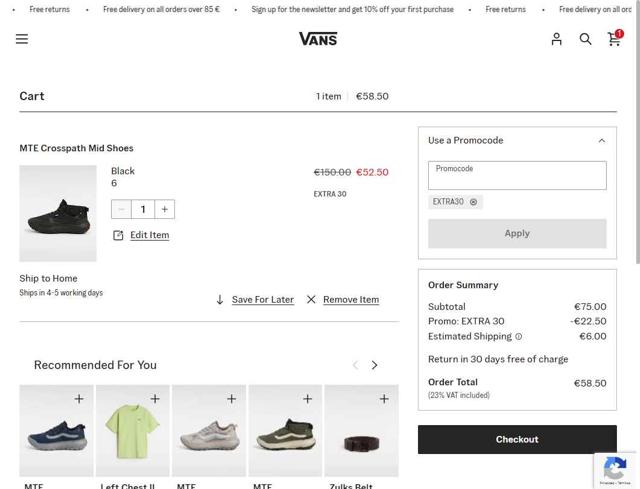 Vans checkout page showing Vans promo code box | Screenshot taken by SimplyCodes community member on Aug 26, 2025