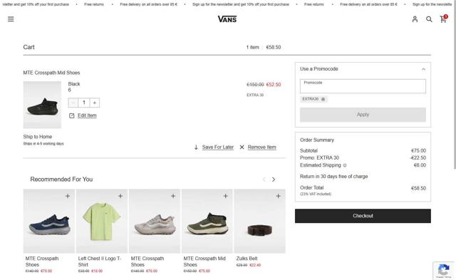 Vans checkout page showing Vans promo code box | Screenshot taken by SimplyCodes community member on Aug 26, 2025