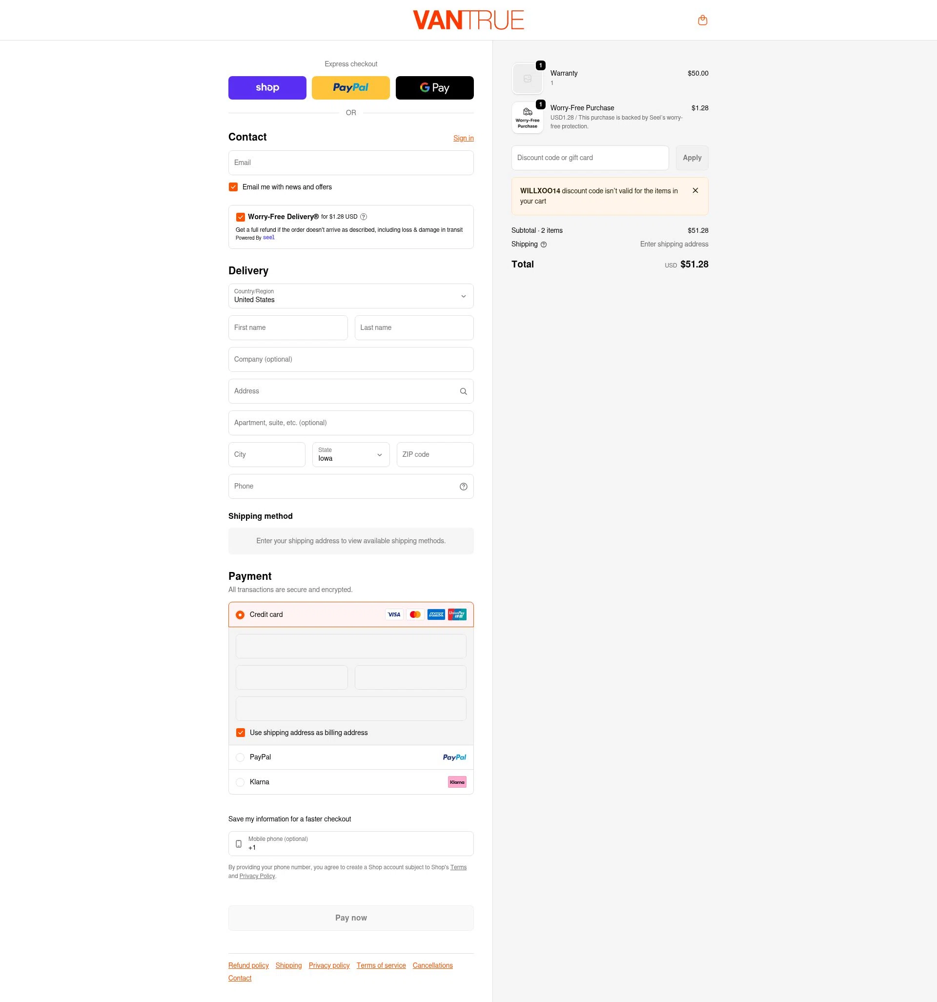 Vantrue checkout page showing Vantrue discount code box | Screenshot taken by SimplyCodes community member on Feb 7, 2026