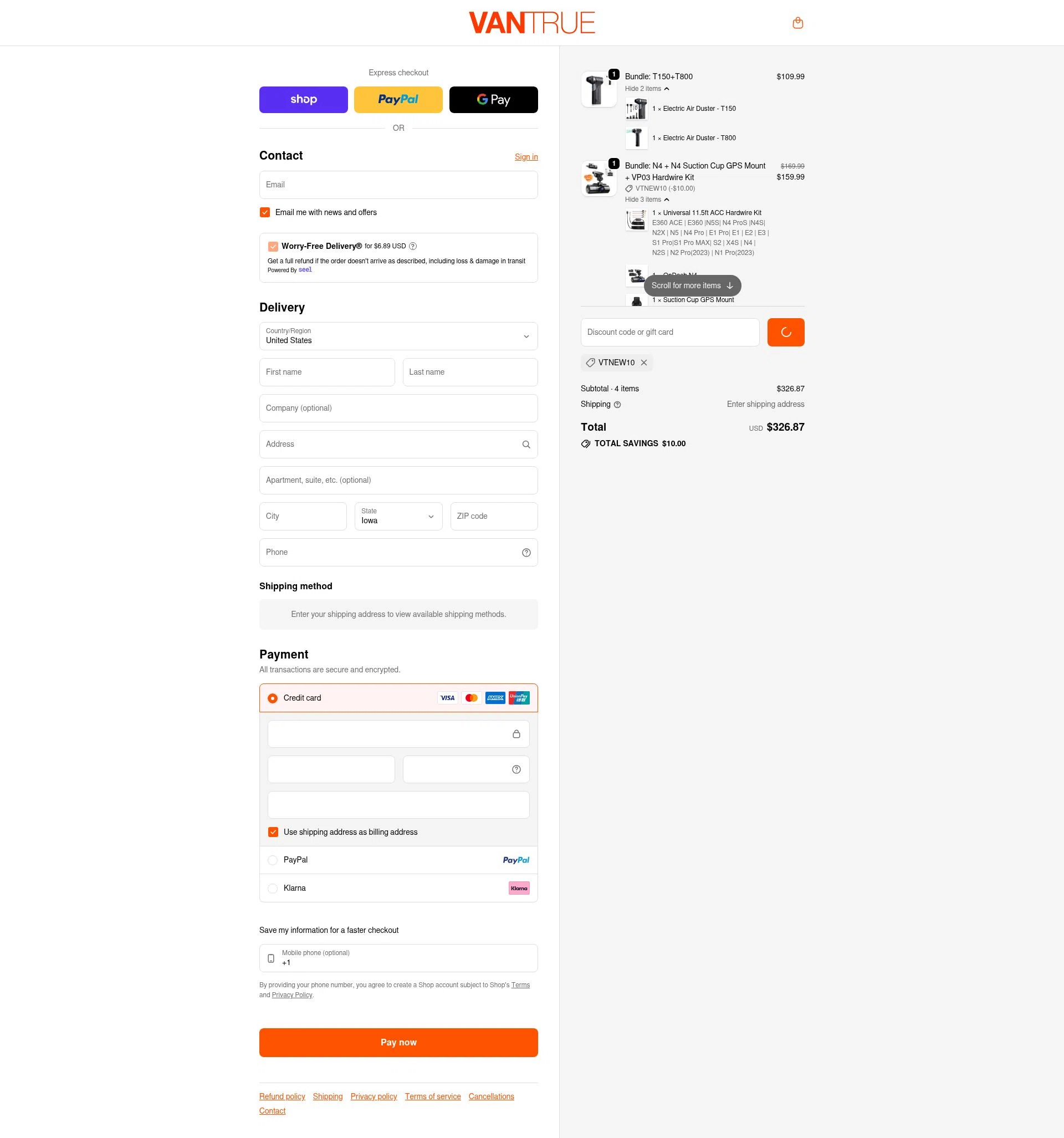 Vantrue checkout page showing Vantrue discount code box | Screenshot taken by SimplyCodes community member on Feb 12, 2026