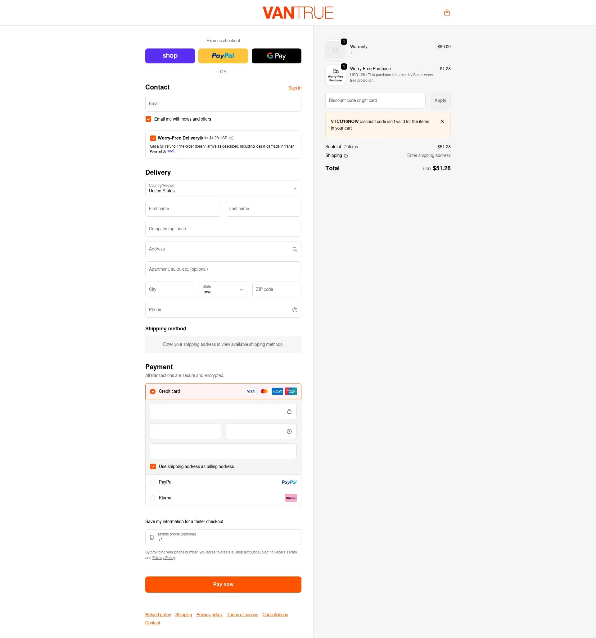 Vantrue checkout page showing Vantrue discount code box | Screenshot taken by SimplyCodes community member on Feb 7, 2026