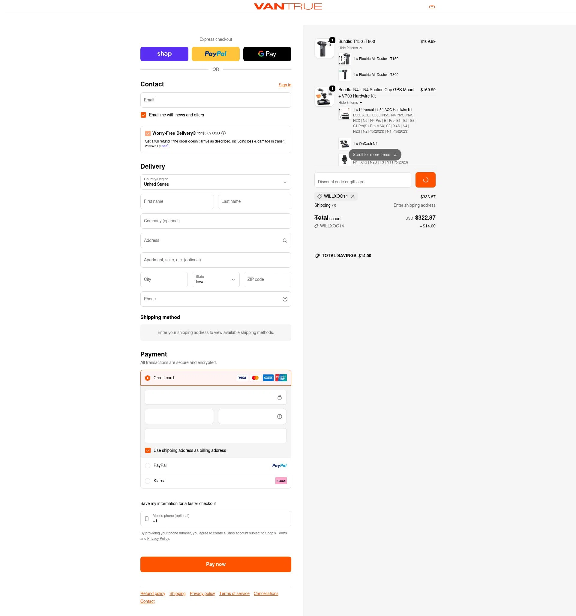 Vantrue checkout page showing Vantrue discount code box | Screenshot taken by SimplyCodes community member on Feb 12, 2026